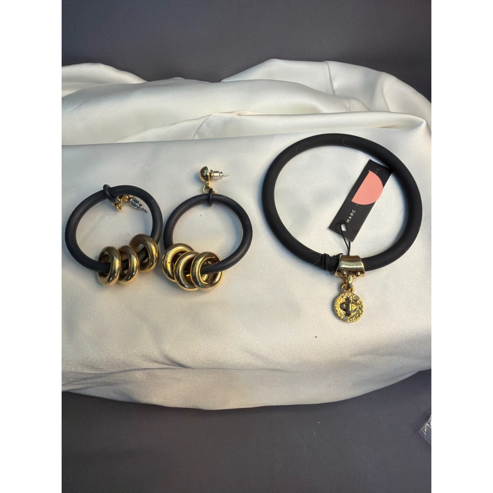 Marc Jacobs Black Rubber Gold Tone Bangle Bracelet and Hoop Earring Set NWT